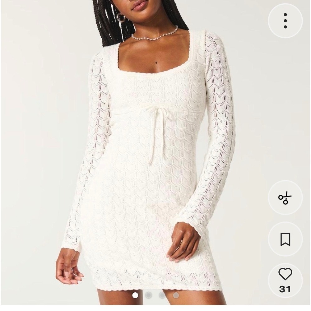 Hollister Mini Dress Womens Medium White Pointelle Knit Cottagecore Boho Fairy